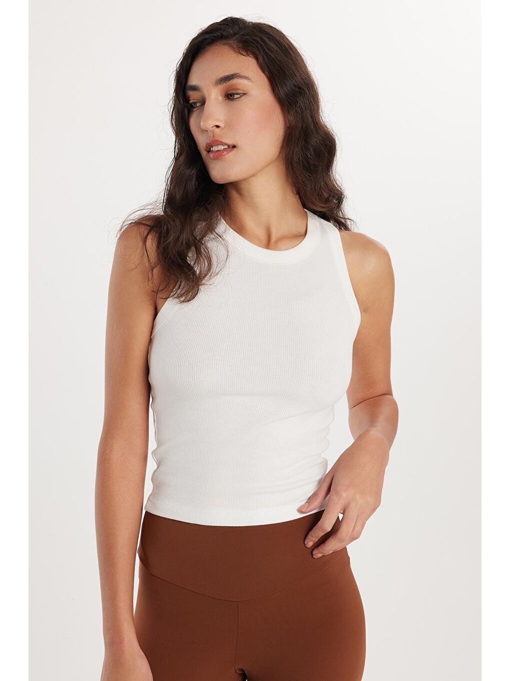 Kadın Modal Kumaş Slim Fit Dar Kesim Bisiklet Yaka Ekru Body Atlet-2