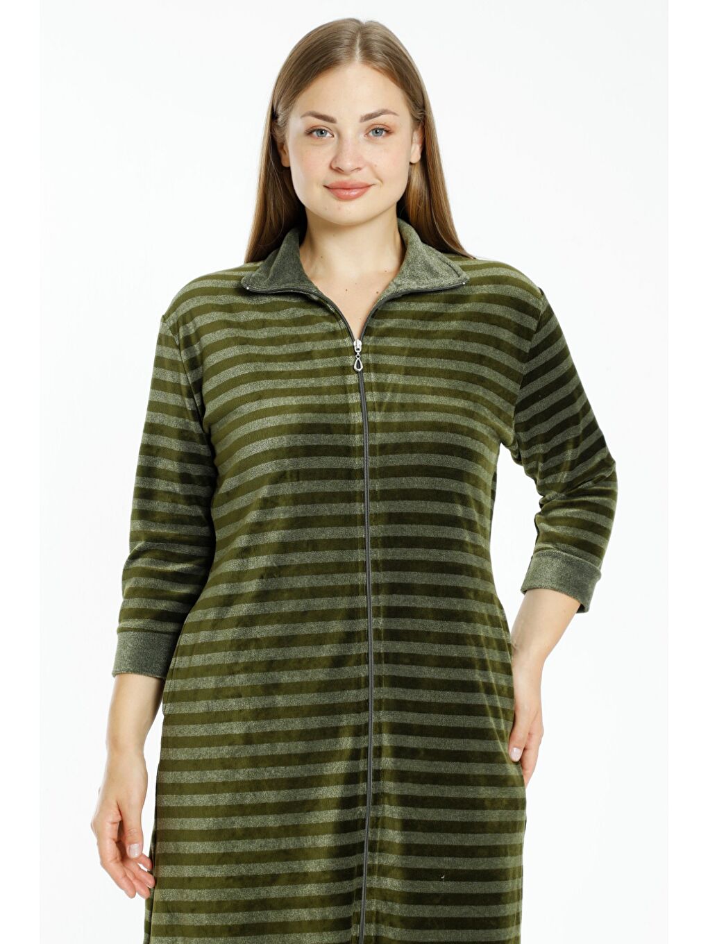 Haki Çizgili Kadife Fermuarlı Cepli Büyük Beden Pamuklu Kadife Elbise-2