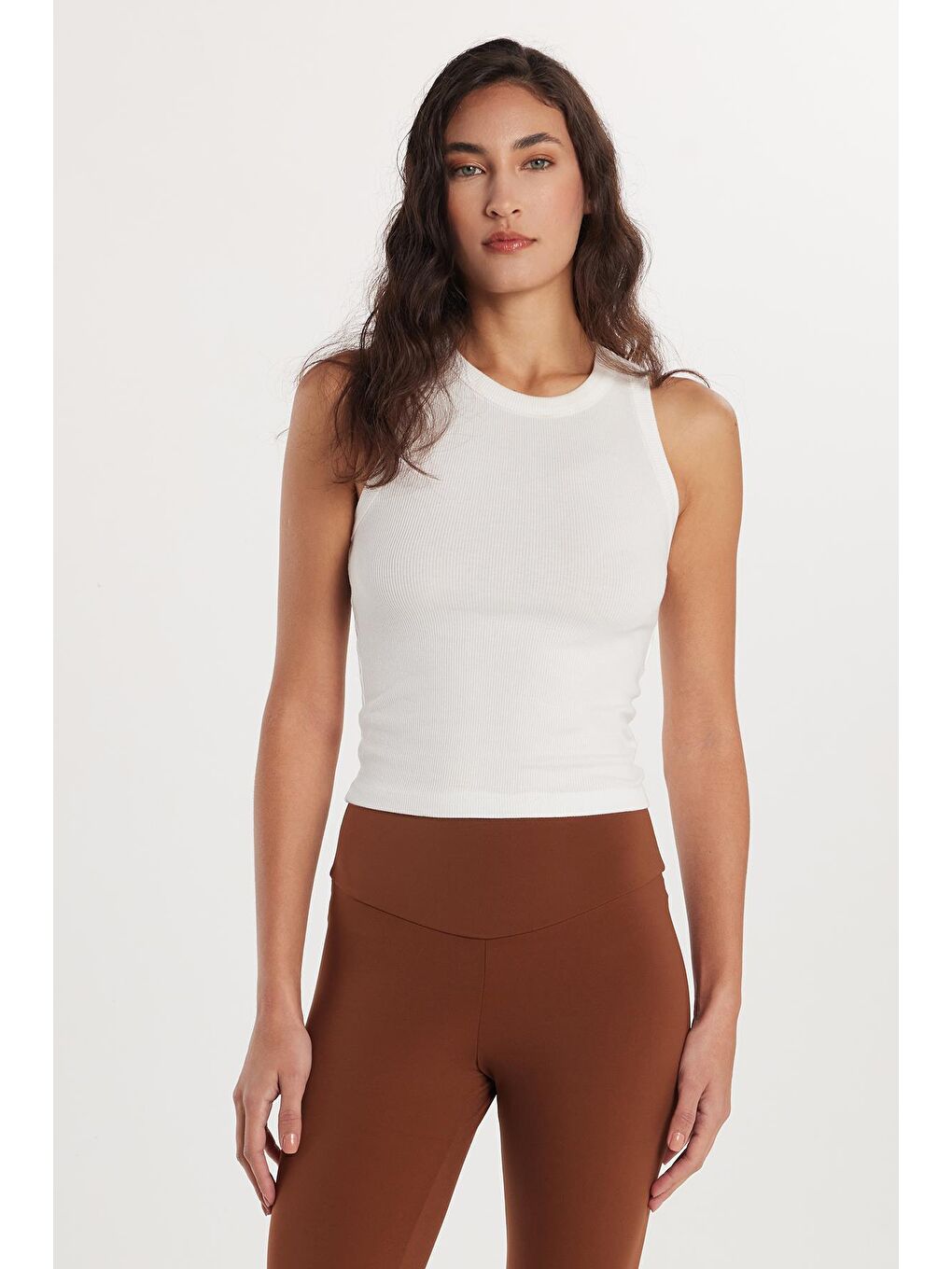 Kadın Modal Kumaş Slim Fit Dar Kesim Bisiklet Yaka Ekru Body Atlet-3