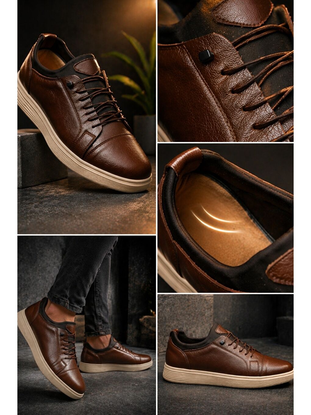 Kahverengi JUNO Hakiki Deri Bağcıklı Erkek Günlük Spor Ayakkabı-6