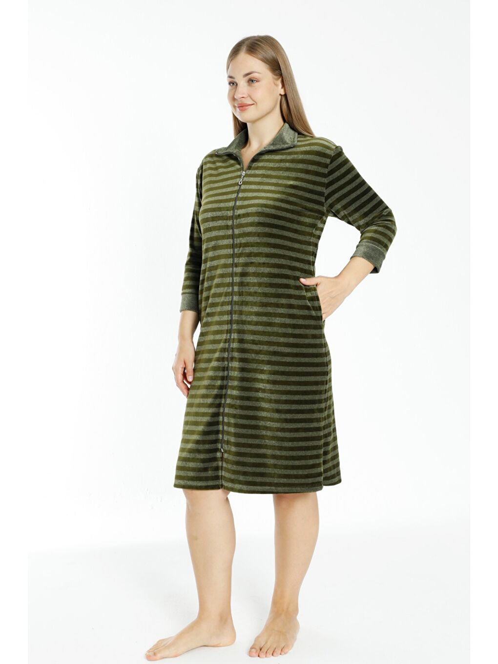 Haki Çizgili Kadife Fermuarlı Cepli Büyük Beden Pamuklu Kadife Elbise-4