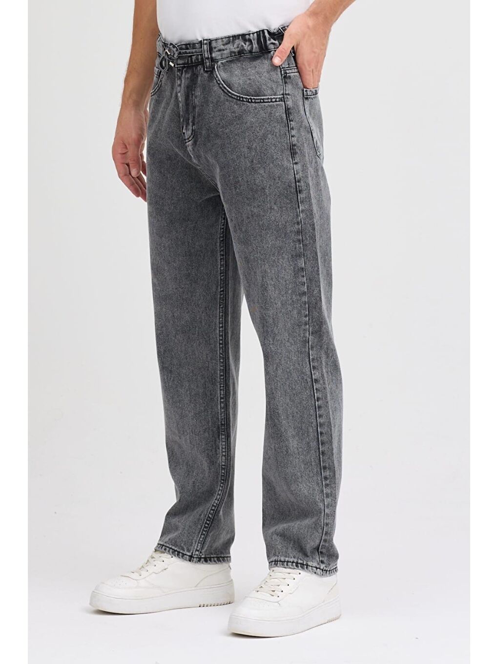 Antrasit Reax 896 Beli Lastikli İpli Baggy Bol Kesim Jean Pantolon-1