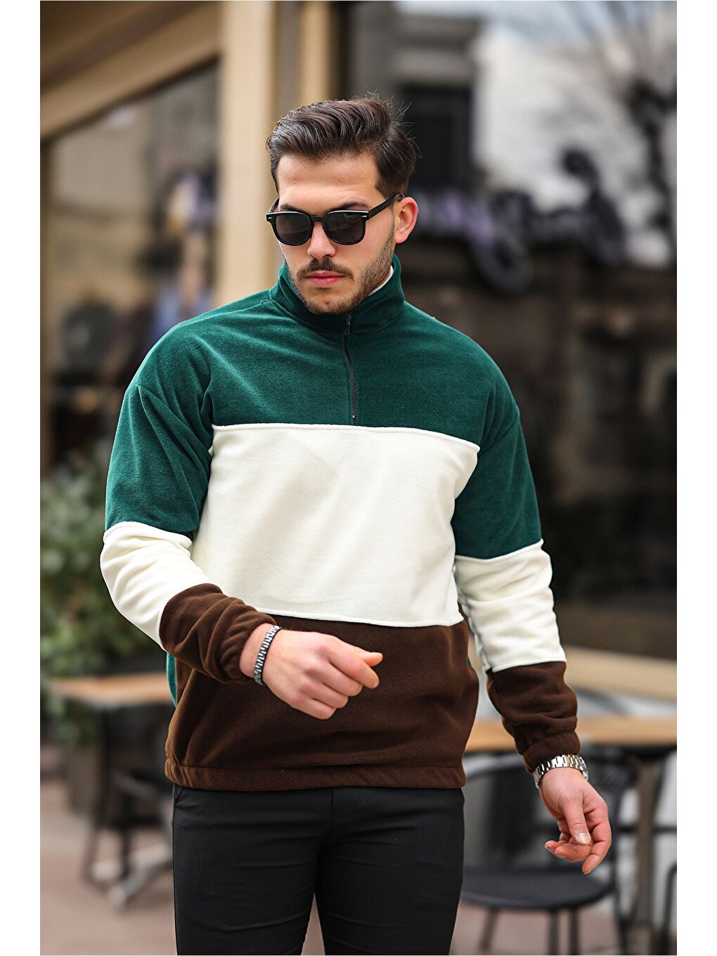 Karışık Yarım Fermuarlı Üç Renk Polar Sweatshirt