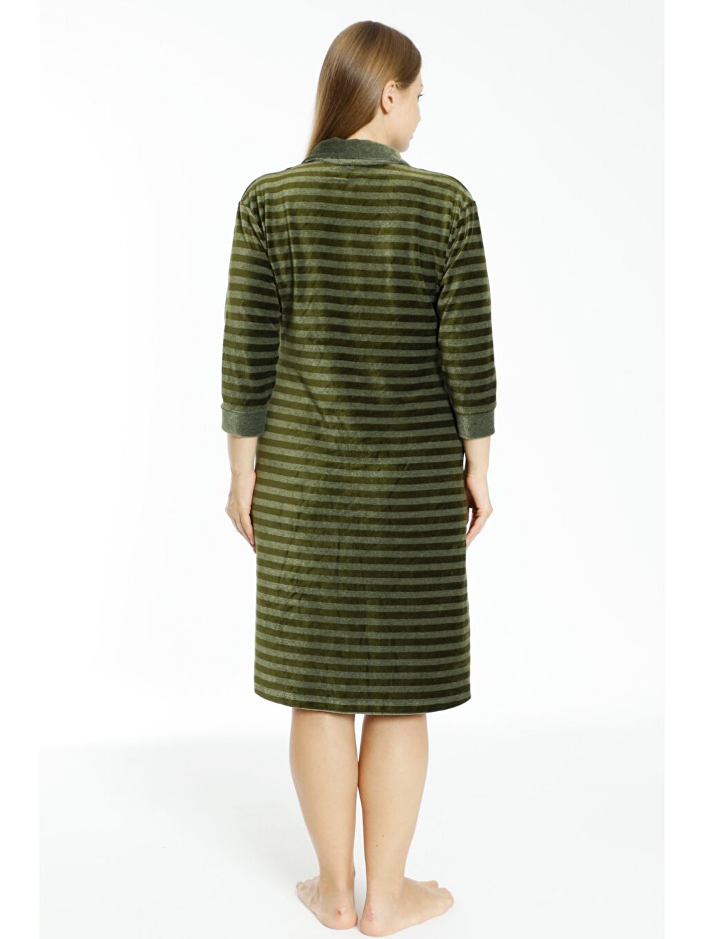 Haki Çizgili Kadife Fermuarlı Cepli Büyük Beden Pamuklu Kadife Elbise-5
