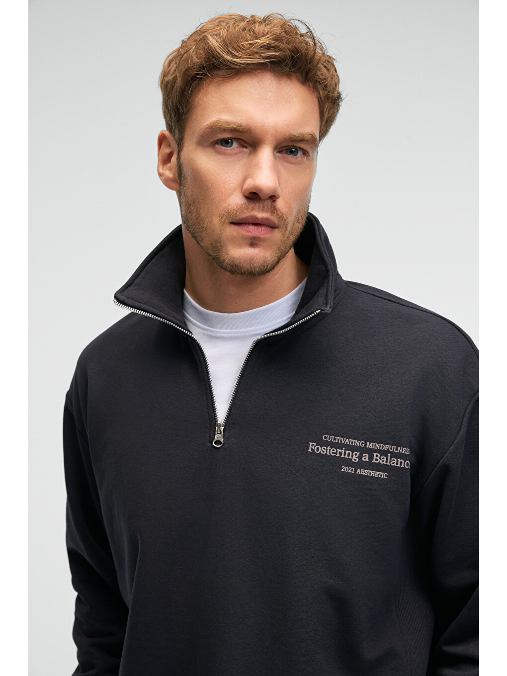 Bram Erkek %100 Pamuk Dik Yakalı Yarım Fermuarlı Baskılı Antrasit Sweatshirt-3