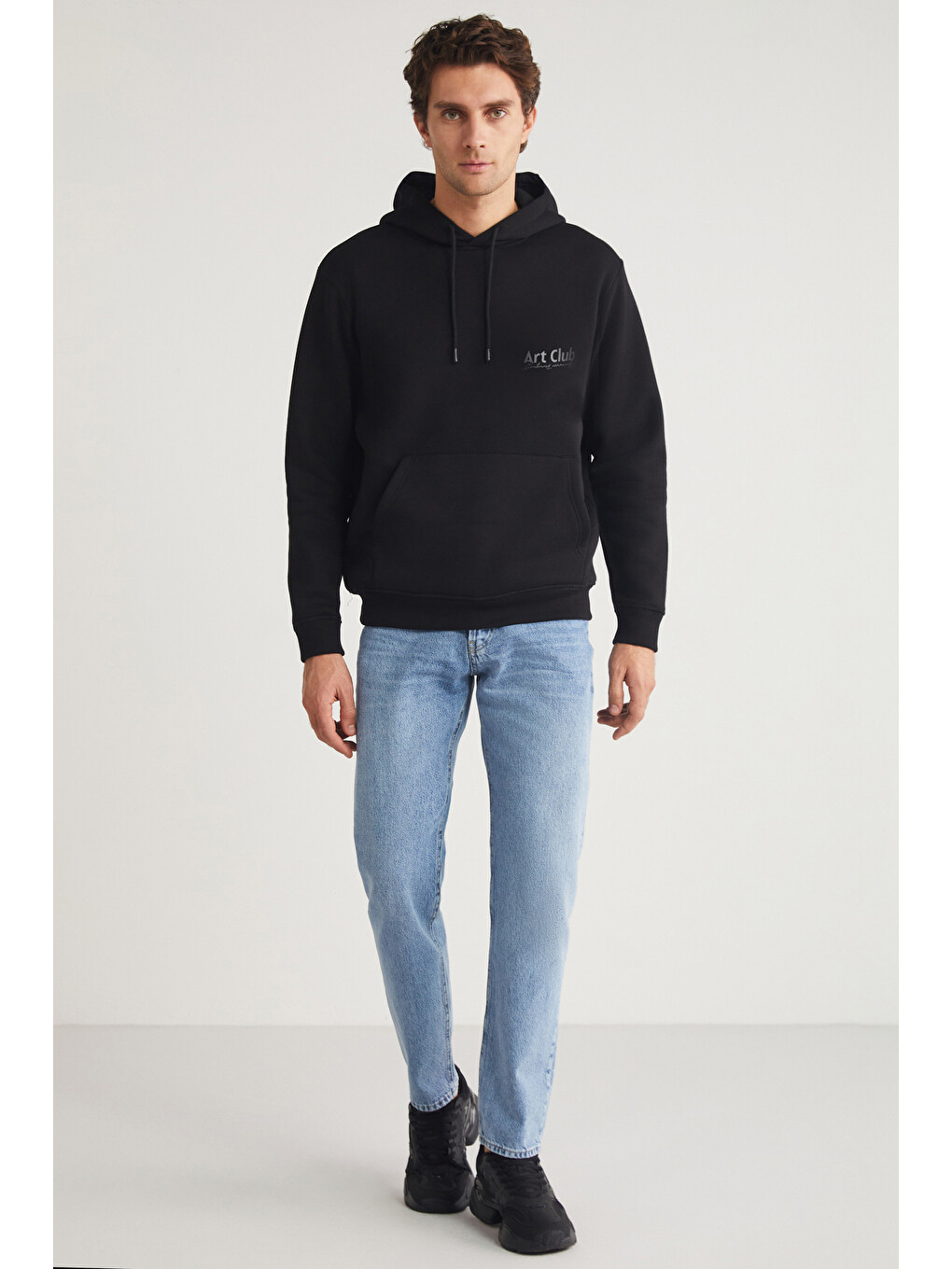 Andreas Erkek Kapüşonlu İçi Polarlı Baskı Detaylı Siyah Sweatshirt-1