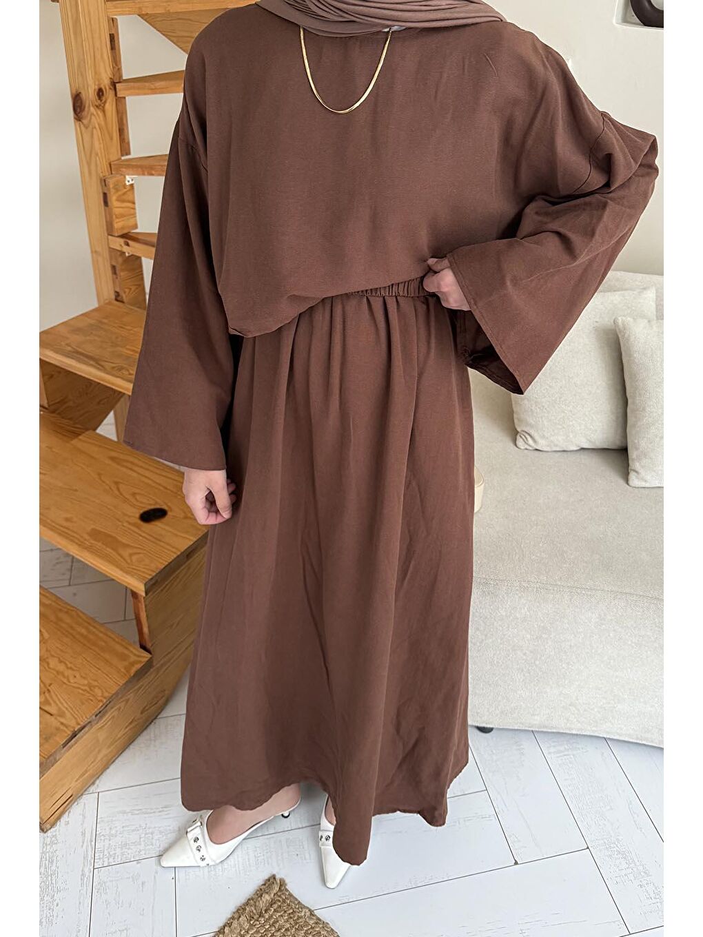 Kahverengi Etekli Tesettür Takım Çikolata Kahve-3