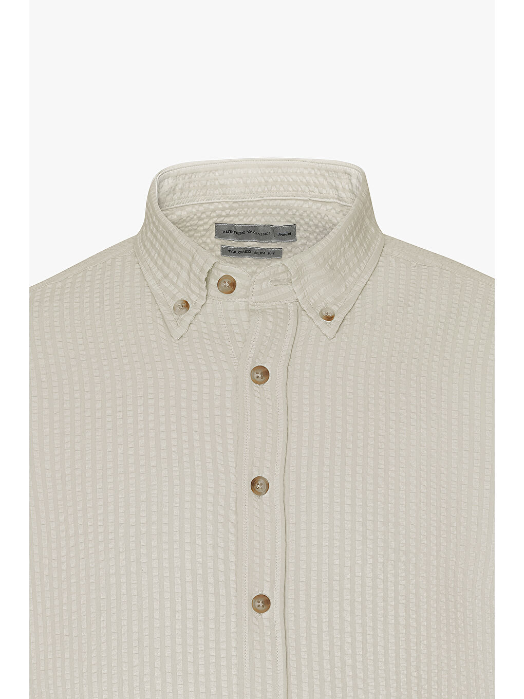 Erkek Bej Slim Fit Dar Kesim Keten Görünümlü Gofre Desenli Düğmeli Yaka Gömlek-6