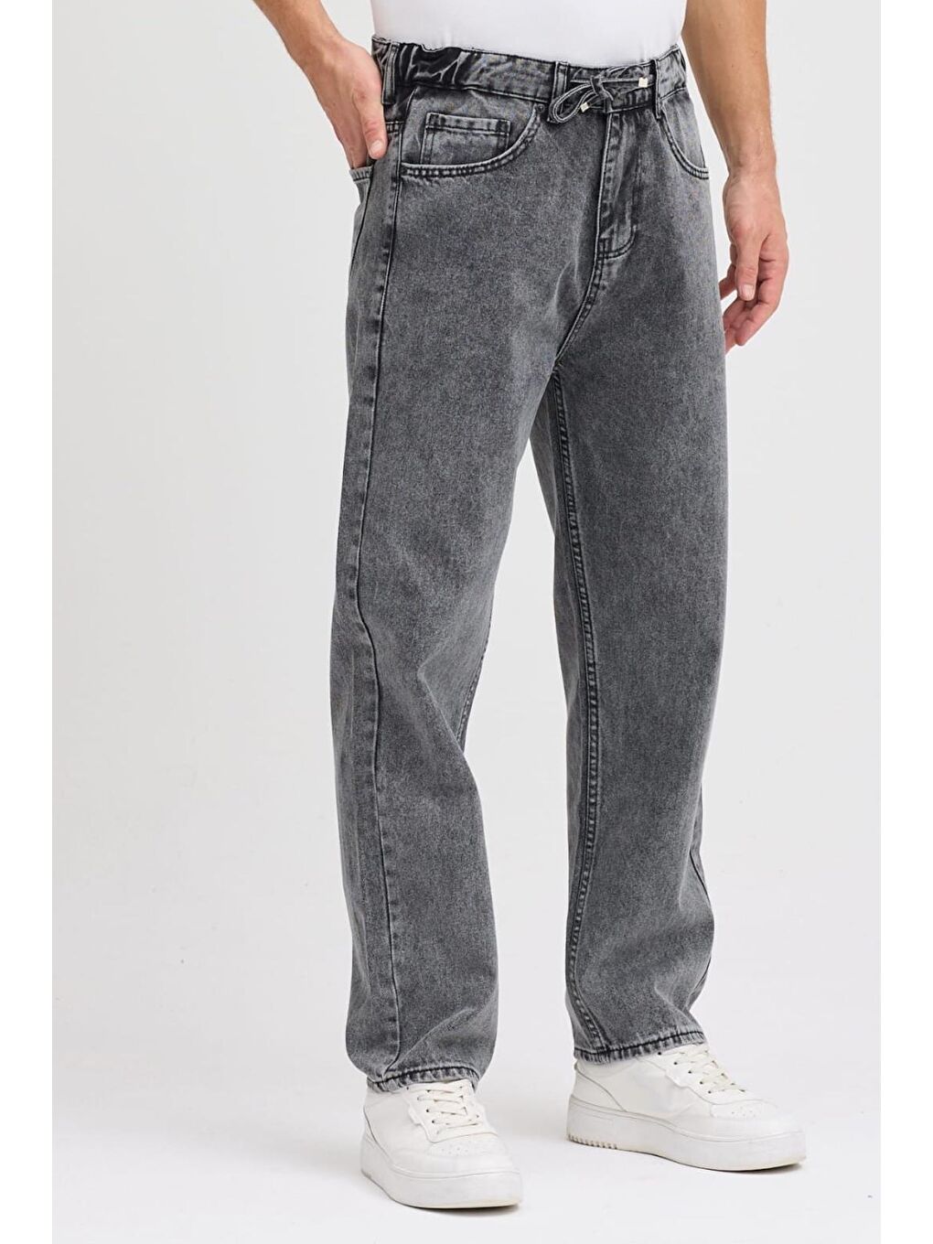 Antrasit Reax 896 Beli Lastikli İpli Baggy Bol Kesim Jean Pantolon-2