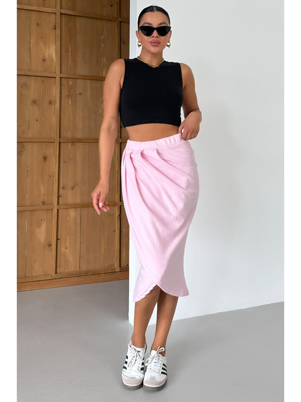 Kadın Pembe Bel Lastikli Kruvaze Midi Boy Etek-7