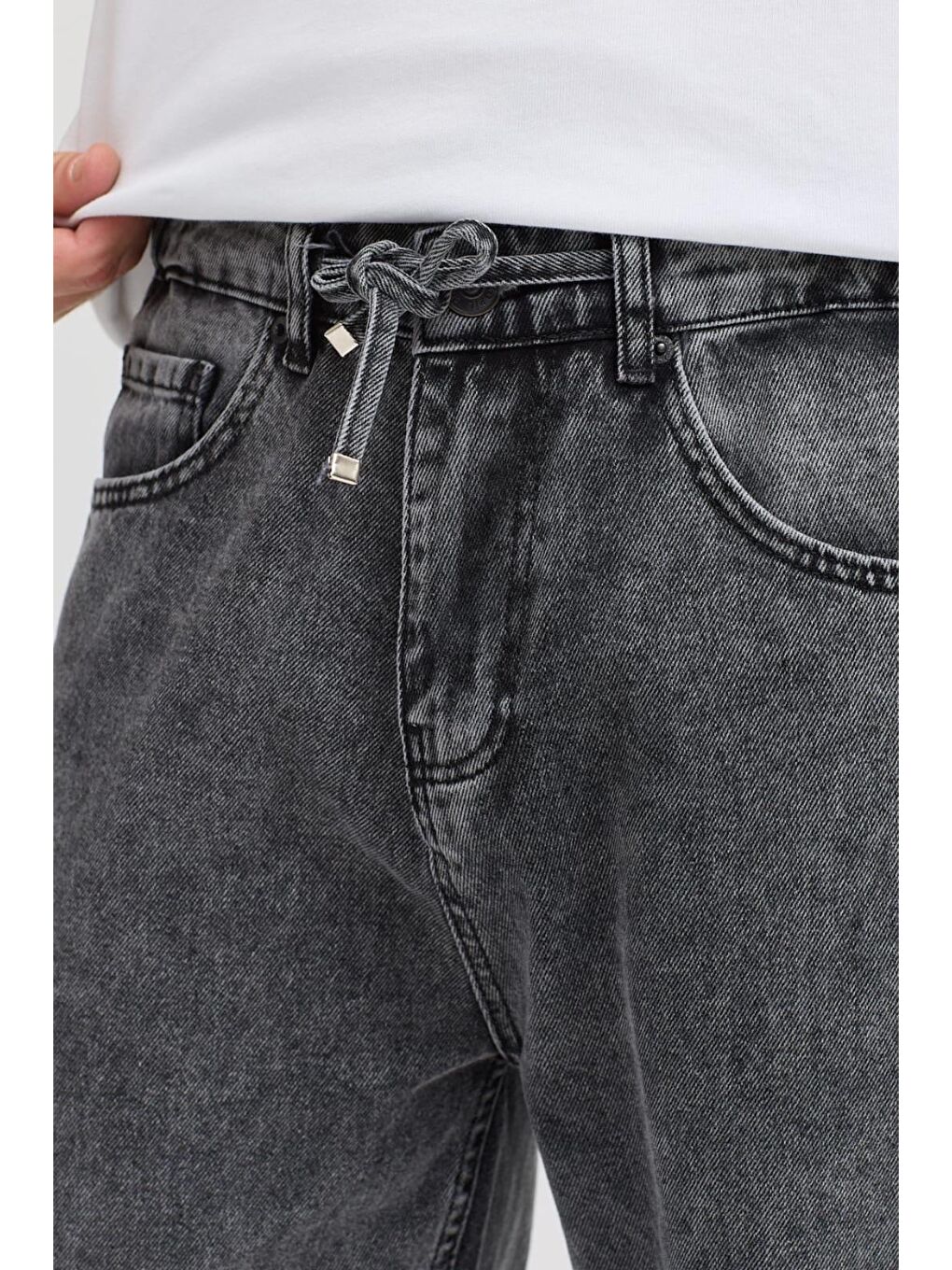 Antrasit Reax 896 Beli Lastikli İpli Baggy Bol Kesim Jean Pantolon-3