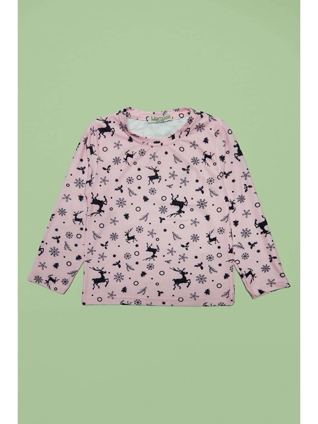 Pembe Kar Tanesi Ve Geyik Desenli Unisex Çocuk Pijama Takımı-3