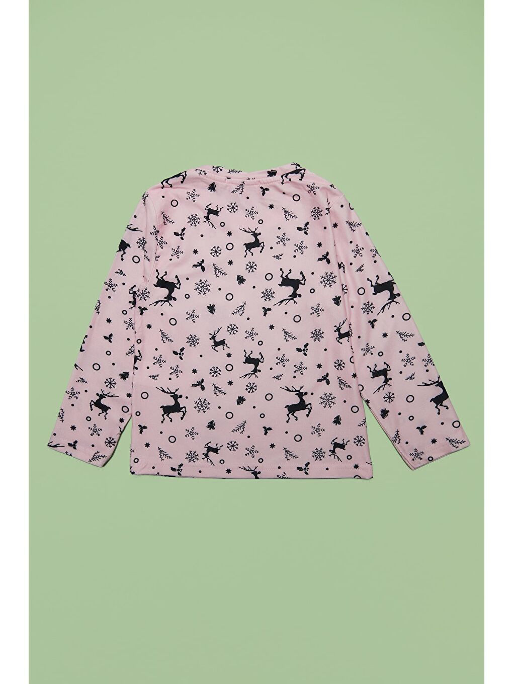 Pembe Kar Tanesi Ve Geyik Desenli Unisex Çocuk Pijama Takımı-4
