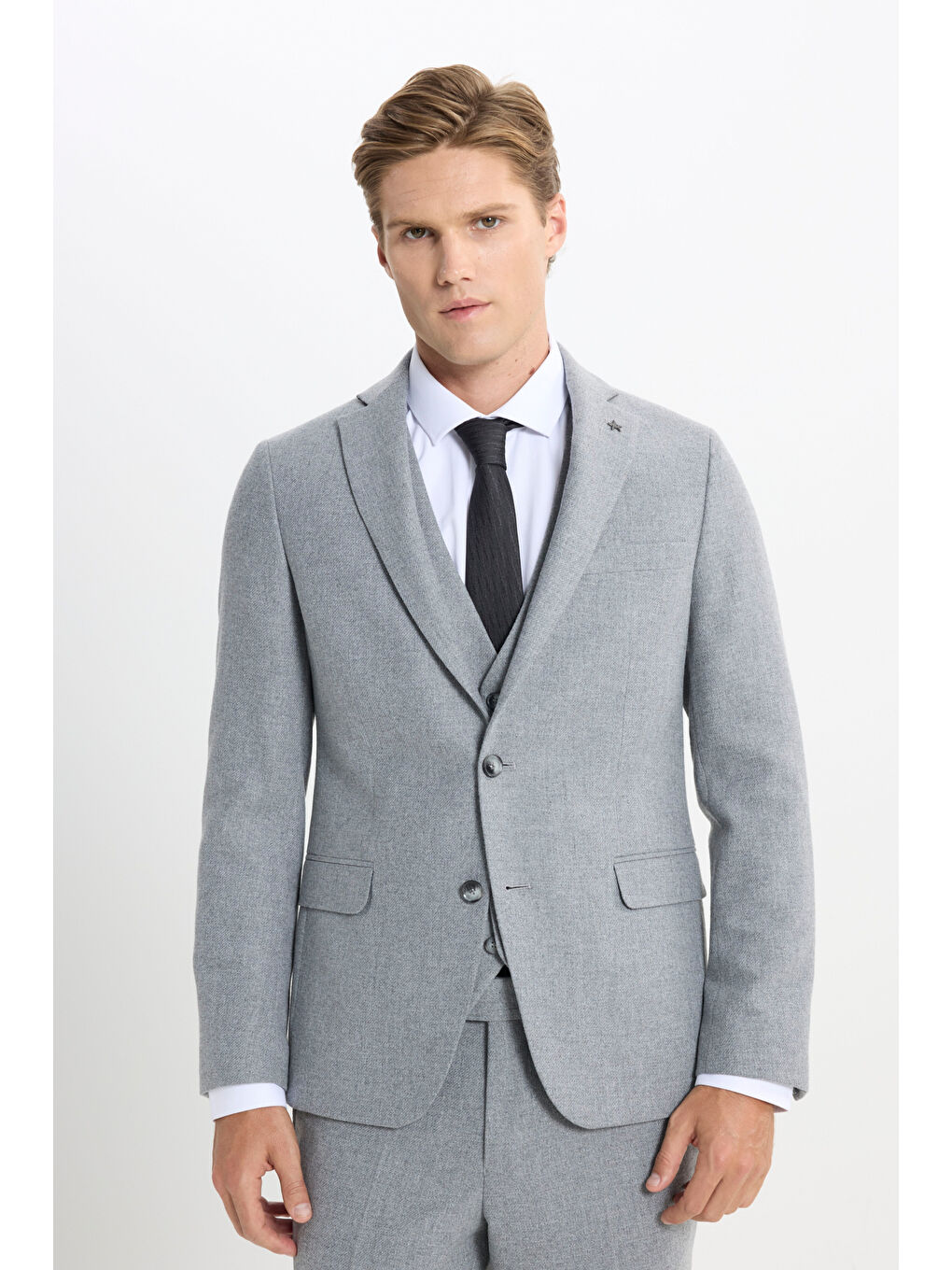 Erkek Gri Slim Fit Dar Kesim Mono Yaka Desenli Yelekli Takım Elbise