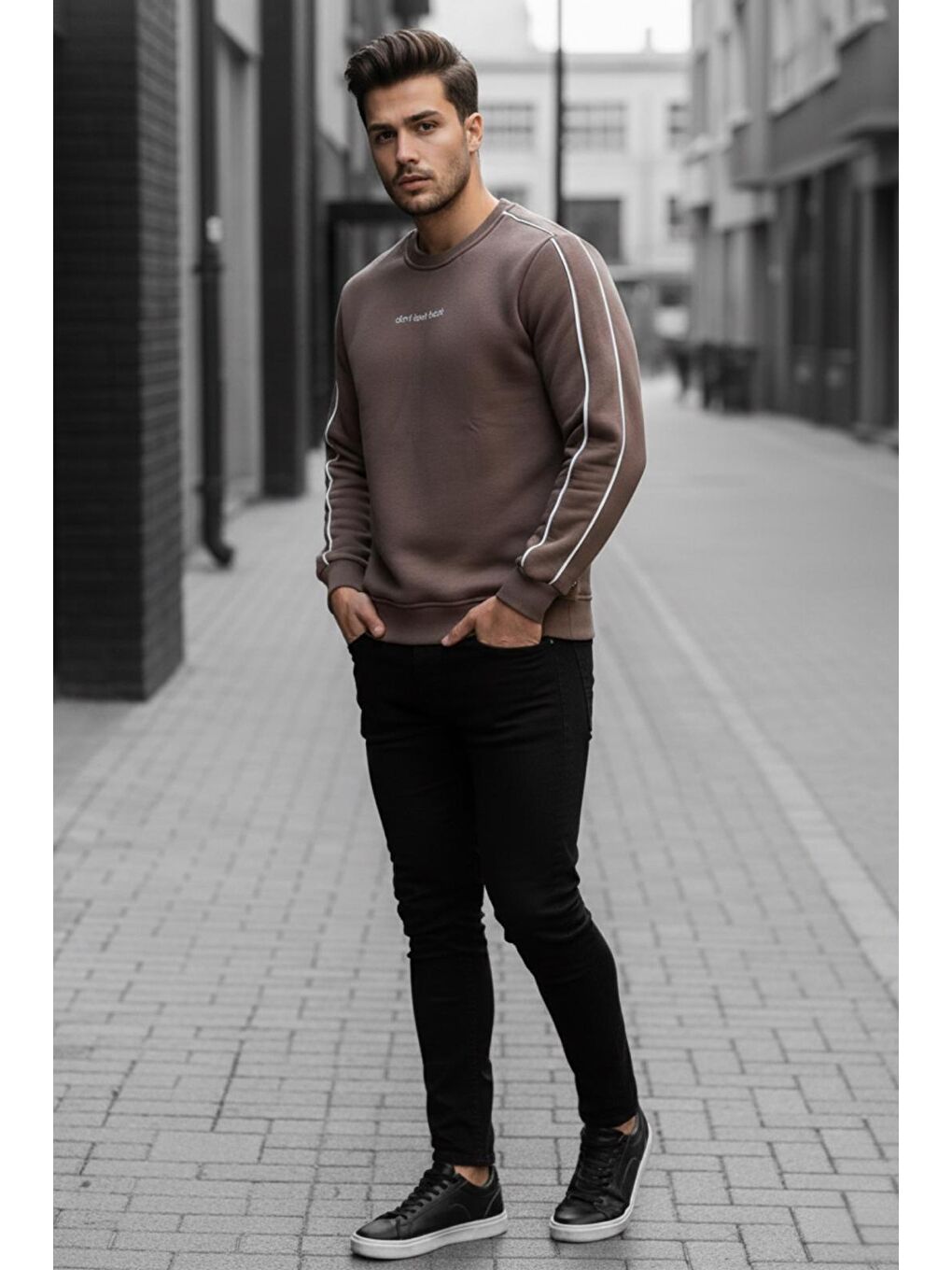 Kahverengi Dont Look Slim Fit Üç İplik Şardonlu Bisiklet Yaka Erkek Sweatshirt-2