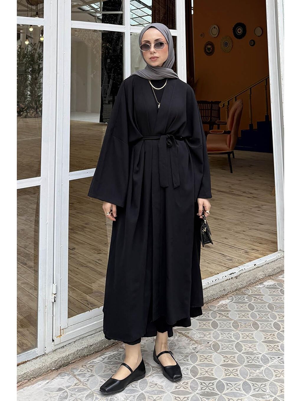 Ön Kemer Detaylı Kimono Pantolon Tesettür Takım Siyah