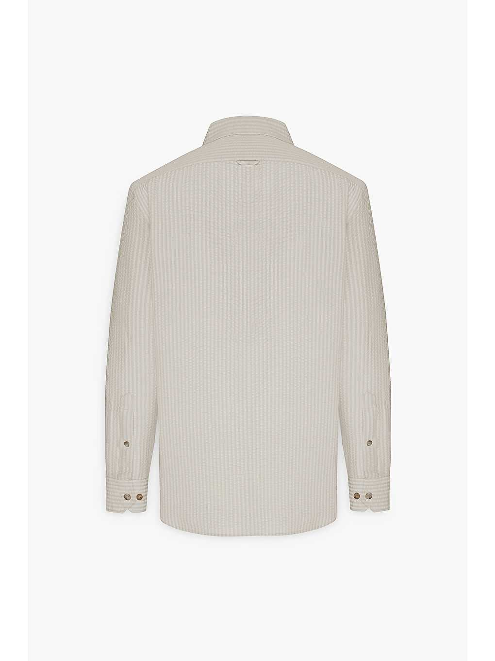 Erkek Bej Slim Fit Dar Kesim Keten Görünümlü Gofre Desenli Düğmeli Yaka Gömlek-8