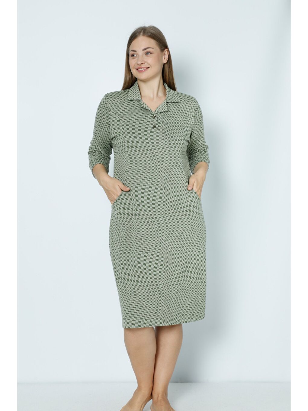 Yeşil Desenli Büyük Beden Jakarlı Büyük Beden Elbise-2