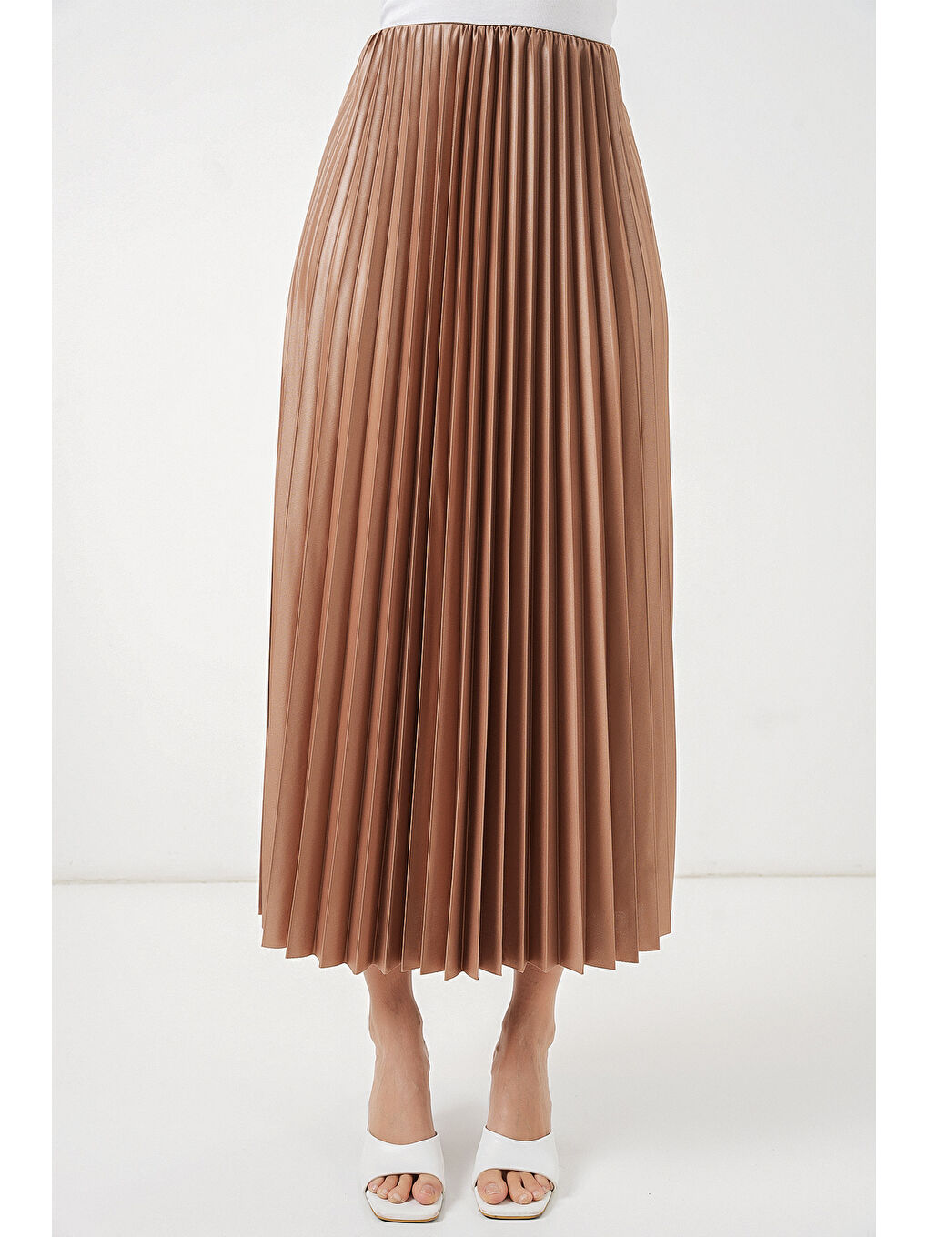 Sarı 8009 Deri Görünümlü Piliseli Etek - Camel-1