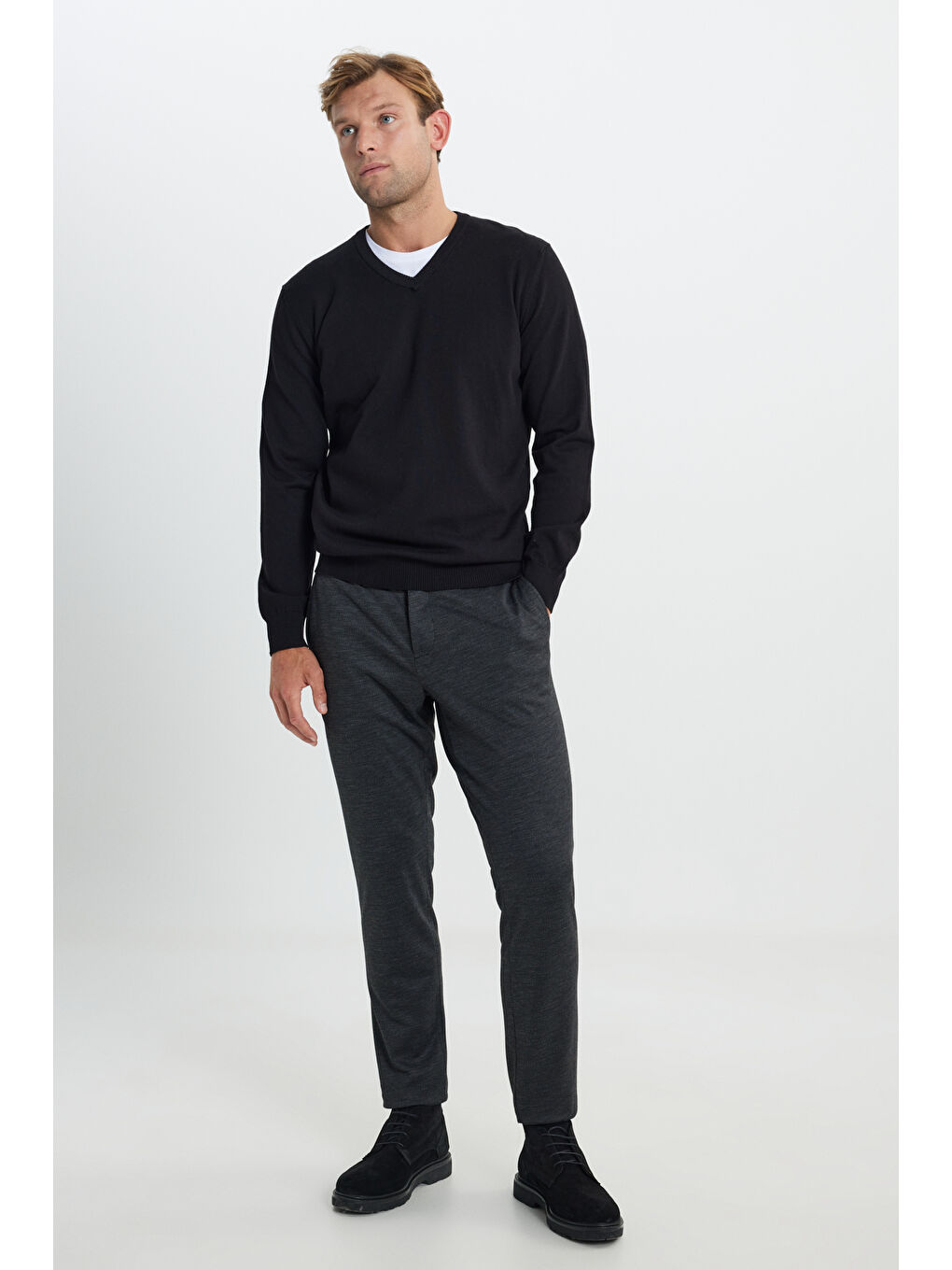 Erkek Siyah Yünlü Slim Fit Dar Kesim Desenli Yan Cep Pantolon