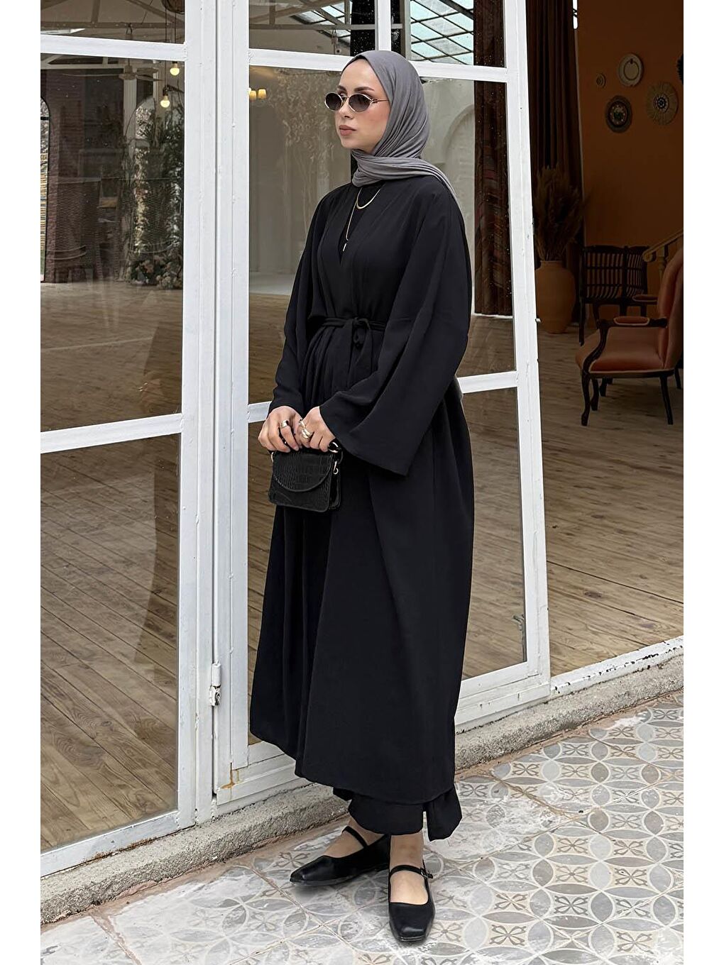 Ön Kemer Detaylı Kimono Pantolon Tesettür Takım Siyah-1