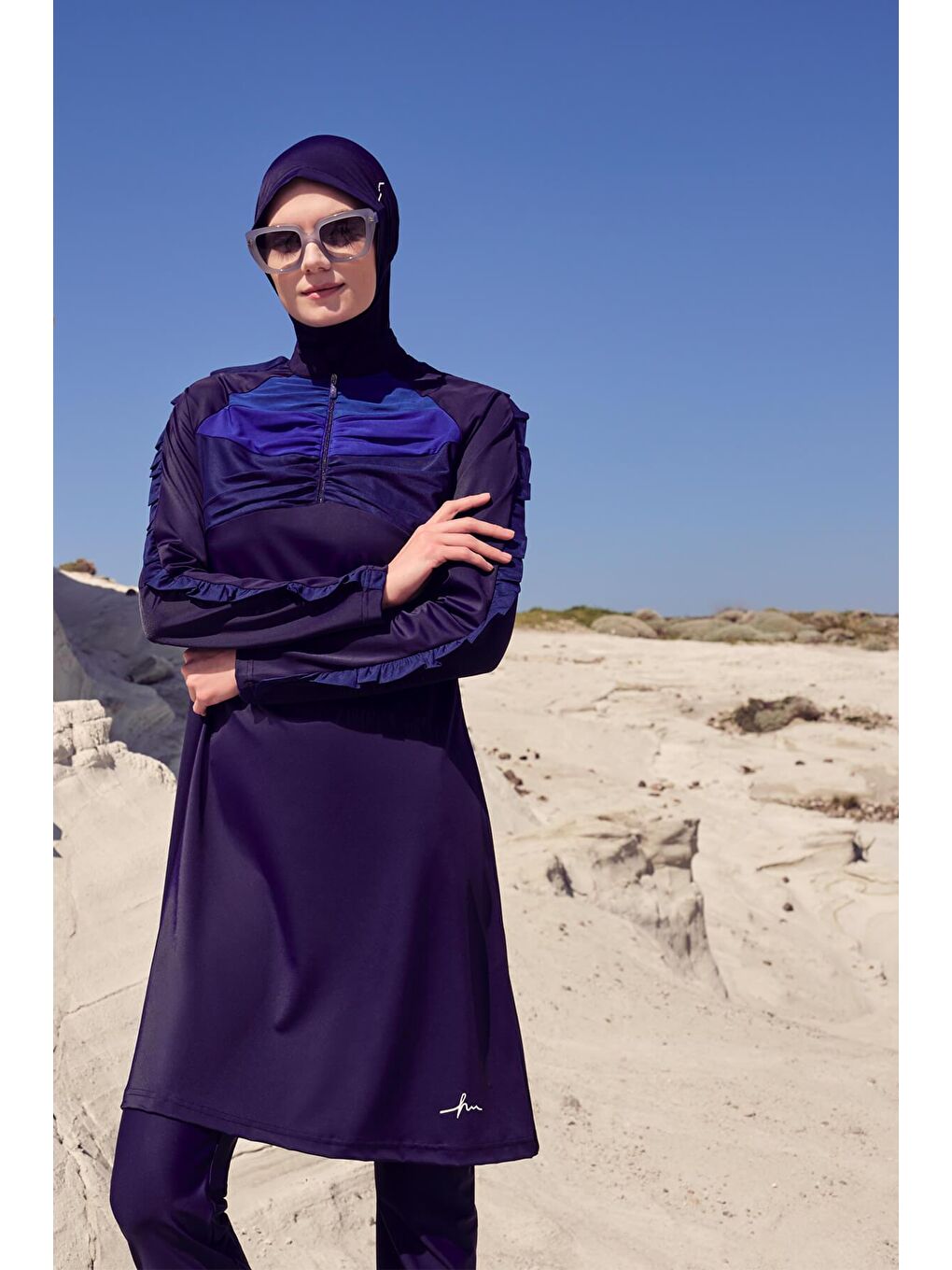 Su Koleksiyonu Tül Detaylı Elastanlı Lacivert 5 Parça Tam Tesettür Mayo Takımı 3053