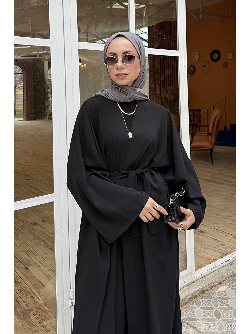 Ön Kemer Detaylı Kimono Pantolon Tesettür Takım Siyah-2