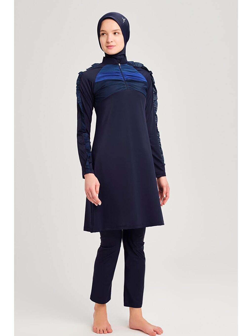 Su Koleksiyonu Tül Detaylı Elastanlı Lacivert 5 Parça Tam Tesettür Mayo Takımı 3053-1