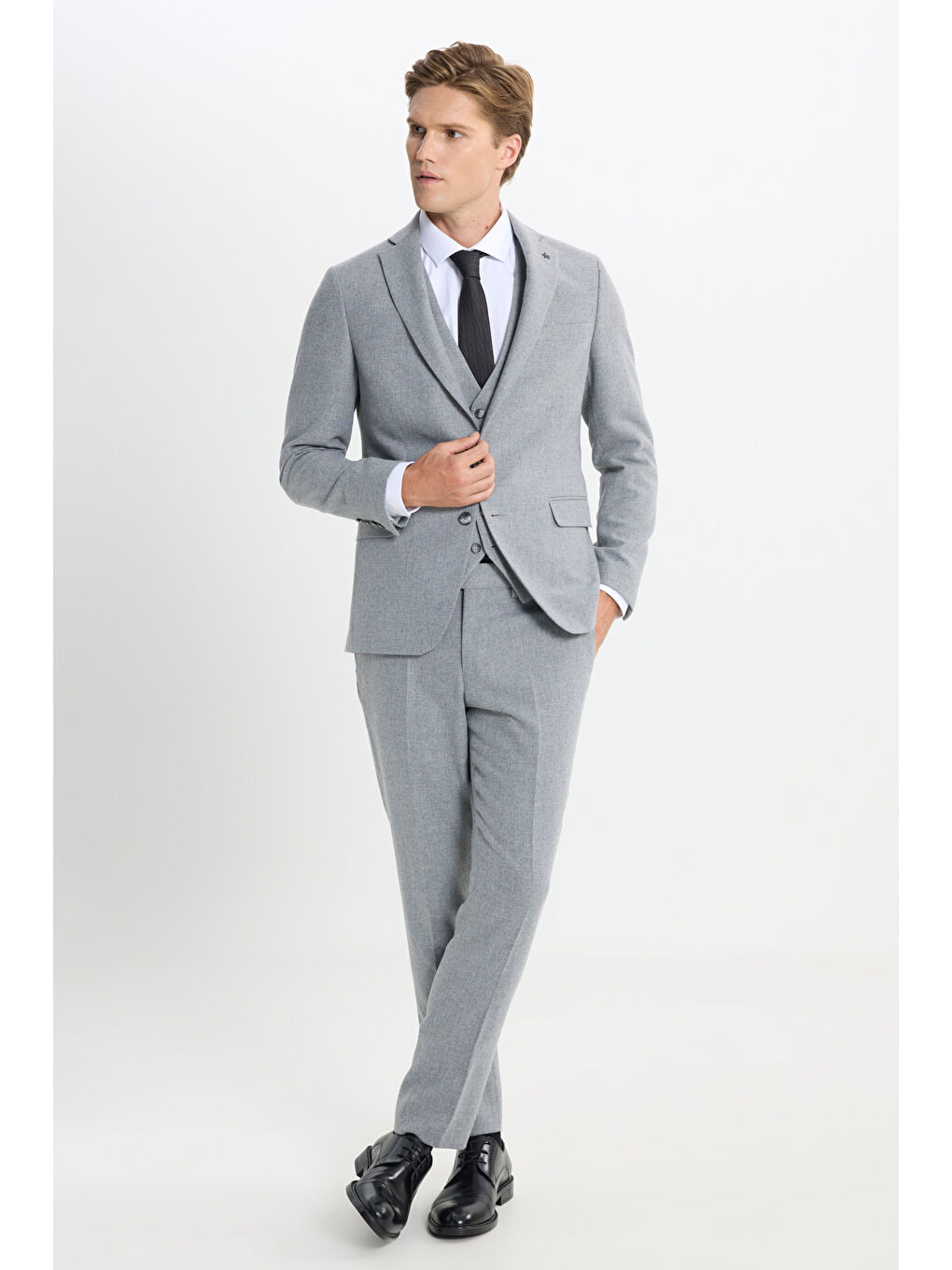 Erkek Gri Slim Fit Dar Kesim Mono Yaka Desenli Yelekli Takım Elbise-1