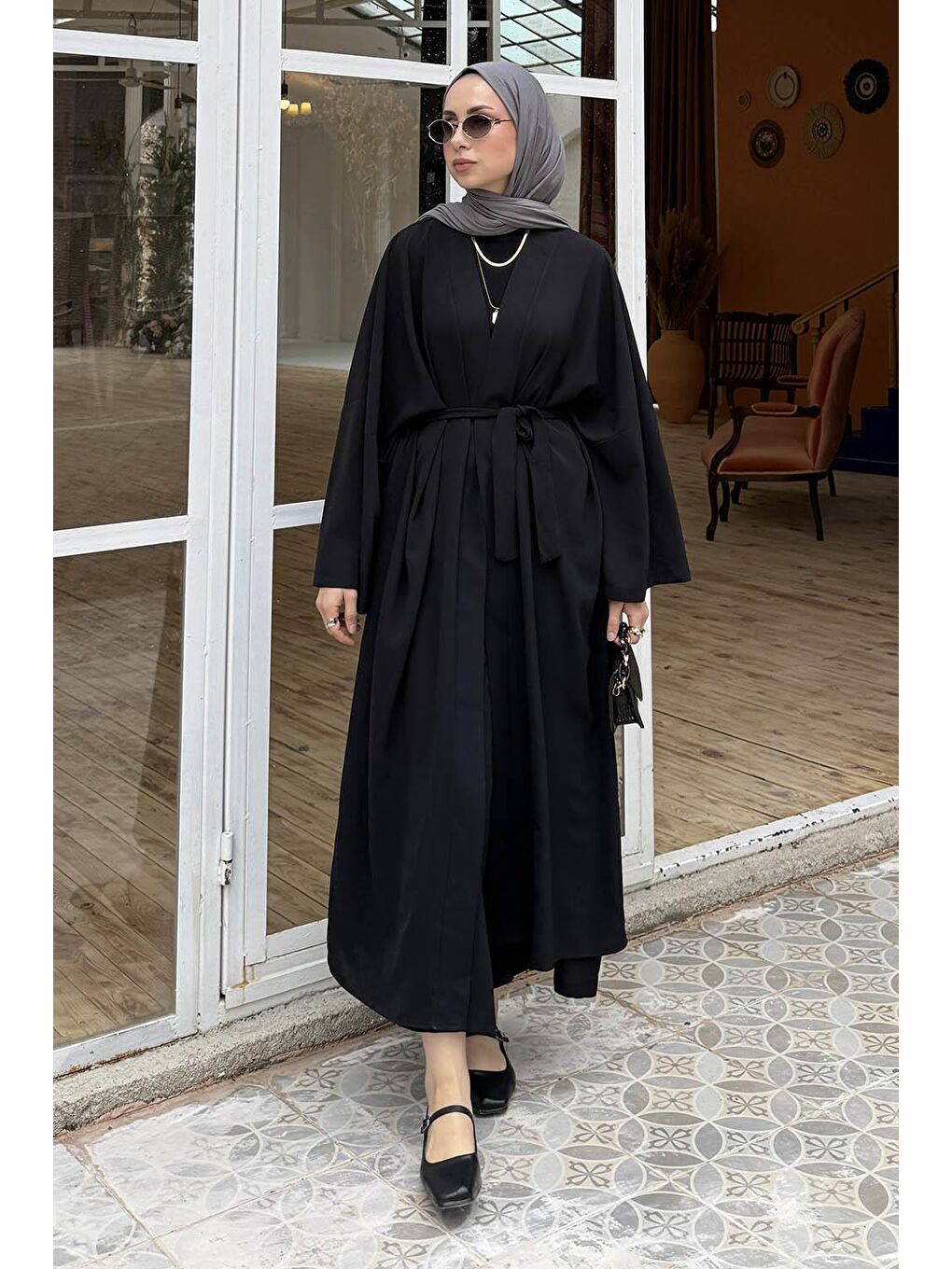 Ön Kemer Detaylı Kimono Pantolon Tesettür Takım Siyah-3