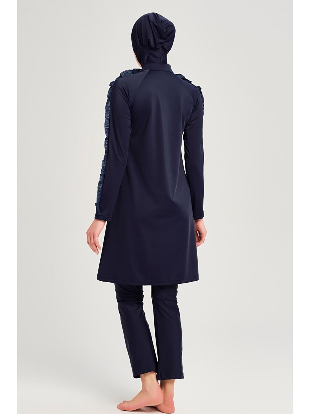 Su Koleksiyonu Tül Detaylı Elastanlı Lacivert 5 Parça Tam Tesettür Mayo Takımı 3053-2