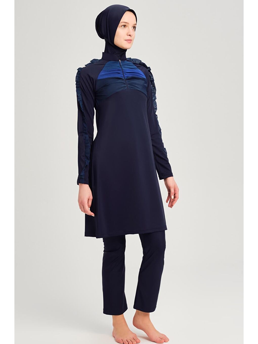 Su Koleksiyonu Tül Detaylı Elastanlı Lacivert 5 Parça Tam Tesettür Mayo Takımı 3053-3