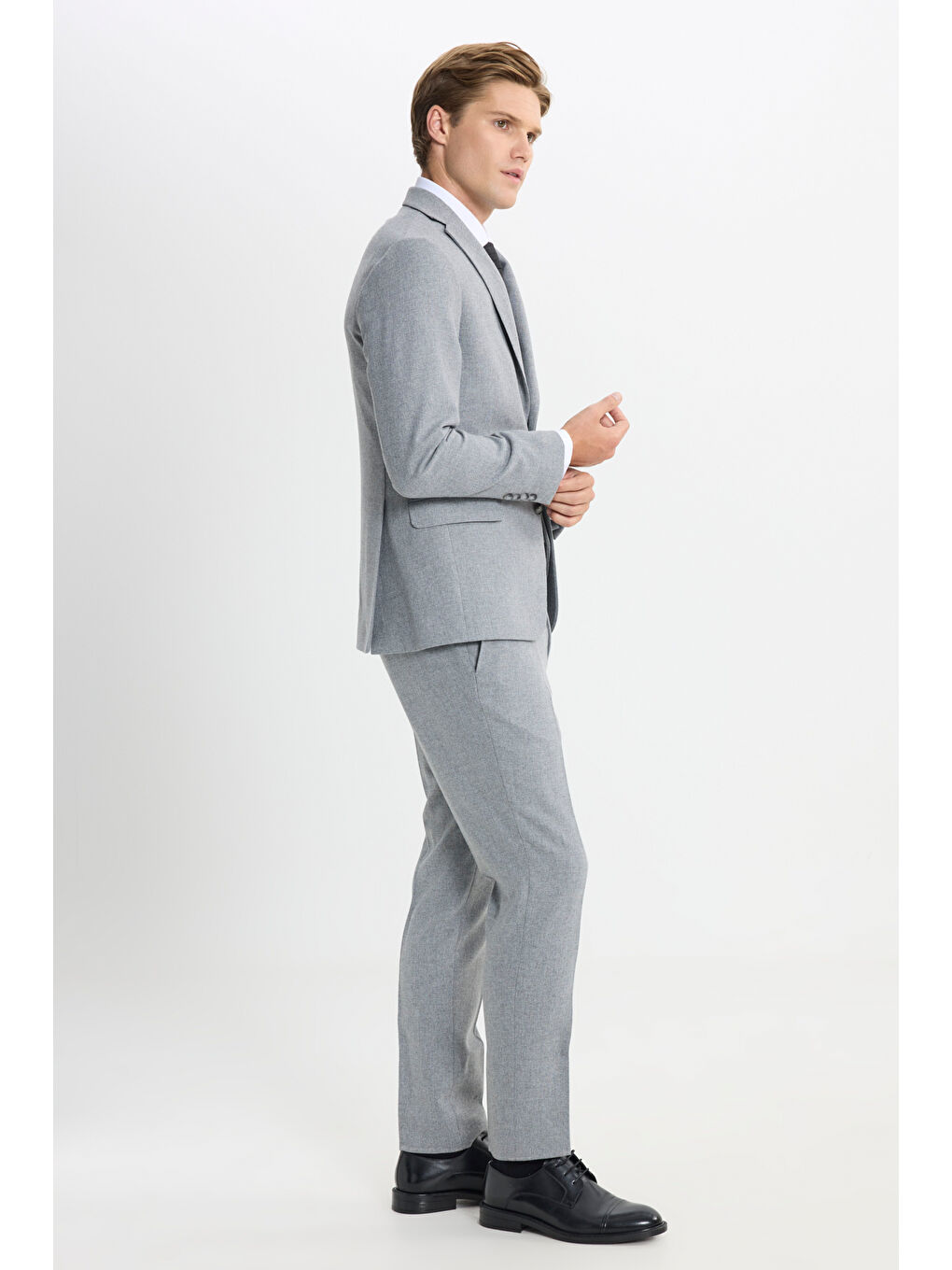 Erkek Gri Slim Fit Dar Kesim Mono Yaka Desenli Yelekli Takım Elbise-2