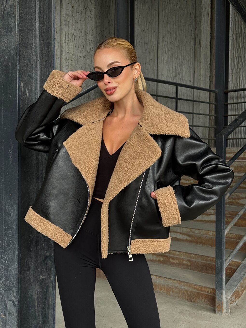 Fermuar Detaylı İçi Kürklü Suni Deri Ceket Siyah Kahve