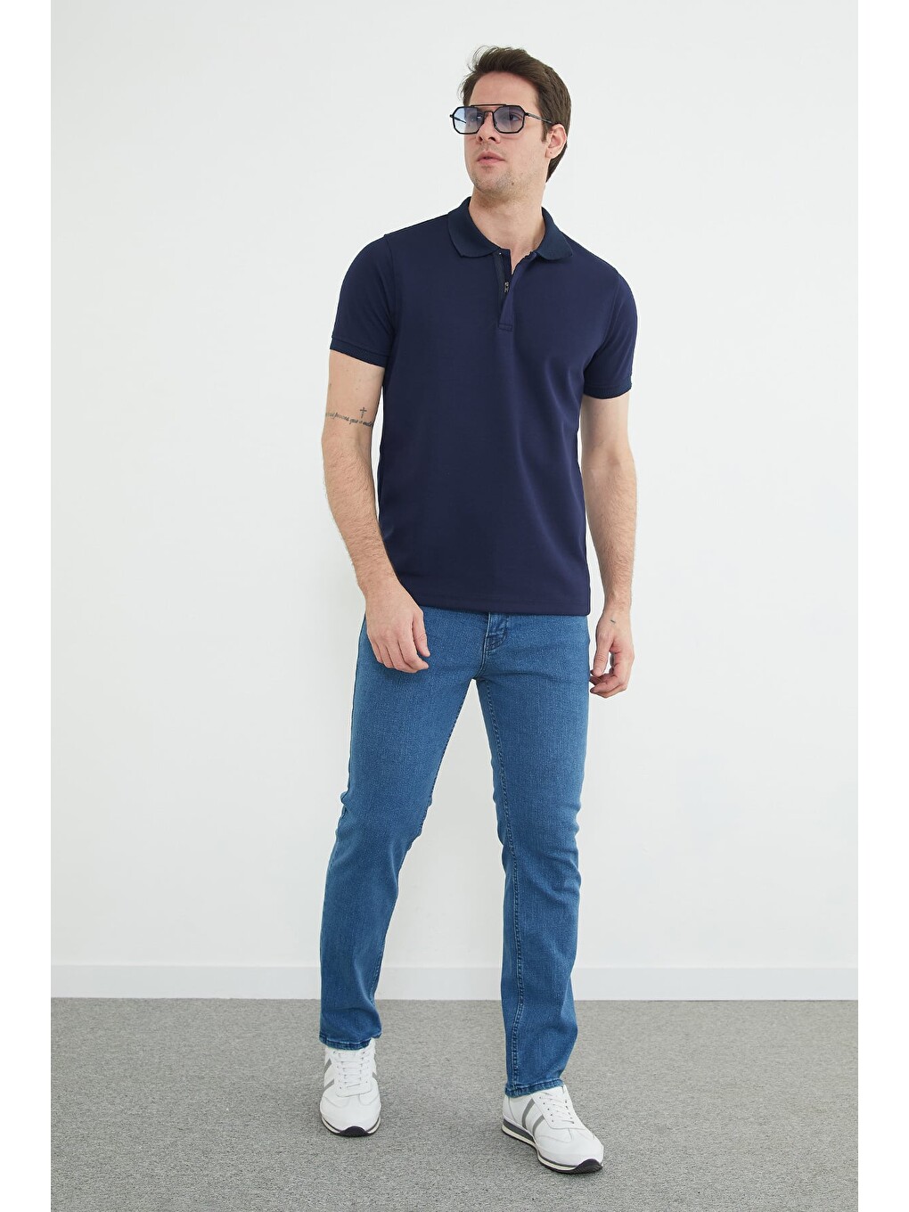 Mavi Fermuarlı Straight Jean Pantolon-1
