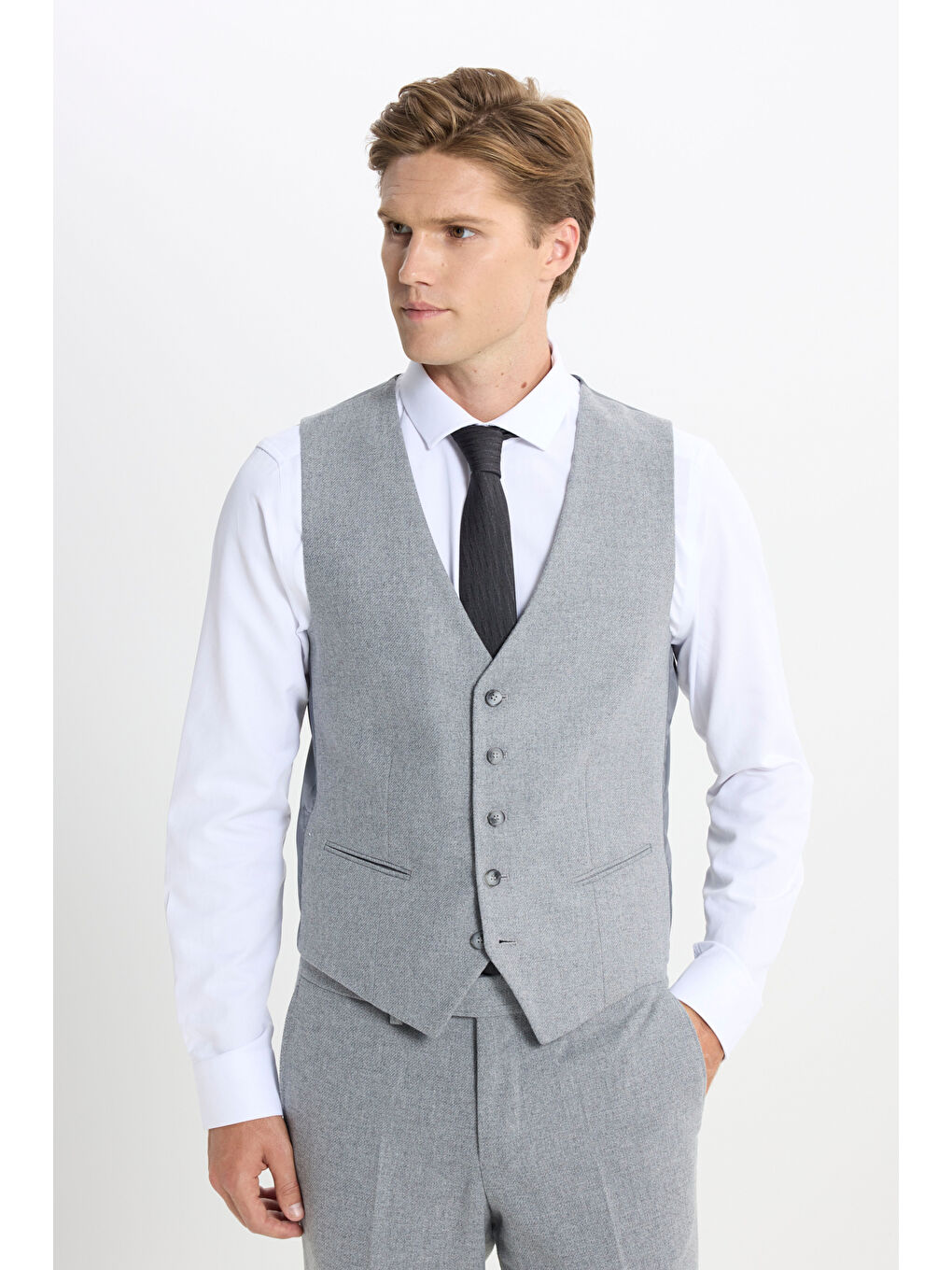 Erkek Gri Slim Fit Dar Kesim Mono Yaka Desenli Yelekli Takım Elbise-3