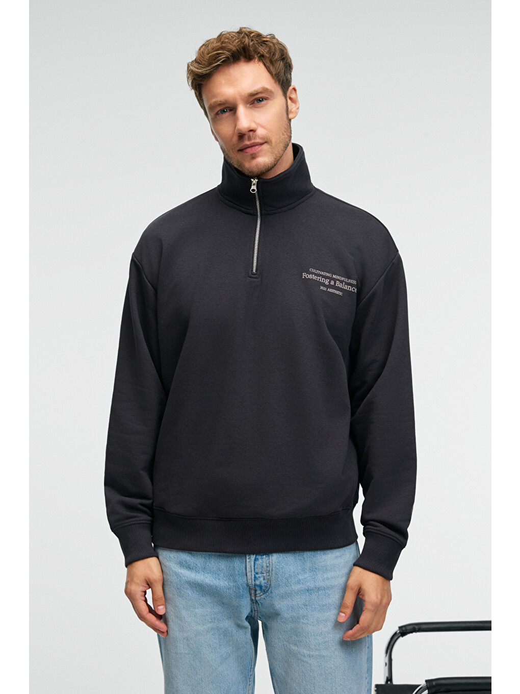 Bram Erkek %100 Pamuk Dik Yakalı Yarım Fermuarlı Baskılı Antrasit Sweatshirt-4