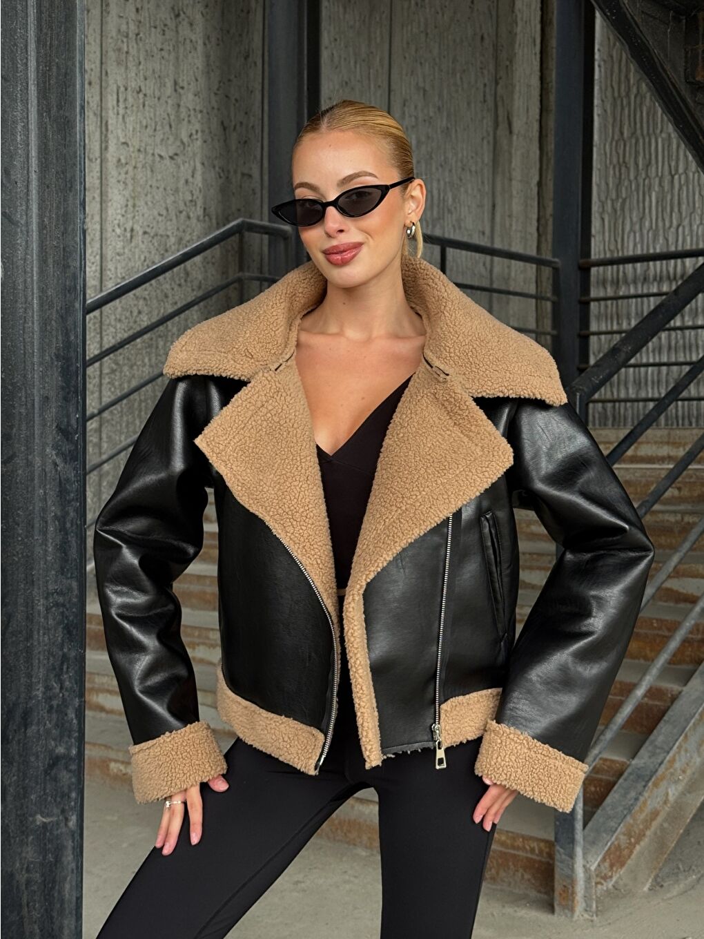 Fermuar Detaylı İçi Kürklü Suni Deri Ceket Siyah Kahve-2