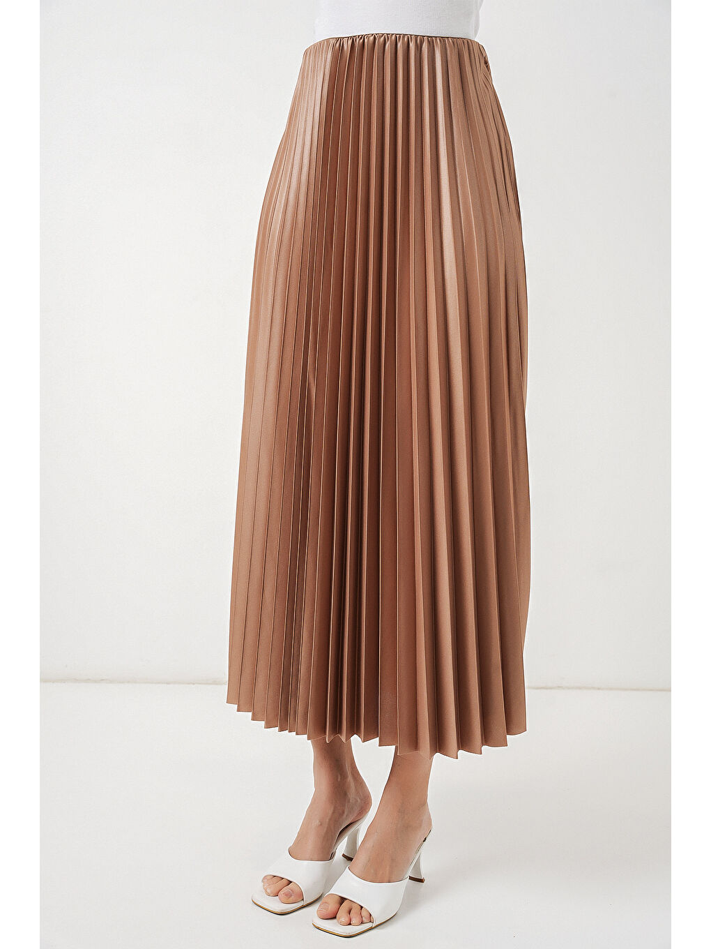 Sarı 8009 Deri Görünümlü Piliseli Etek - Camel-3