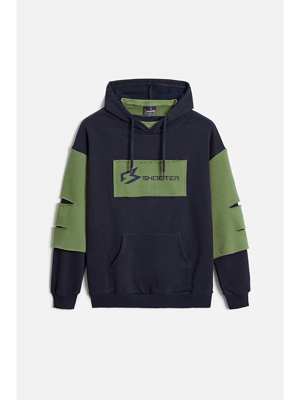 Lacivert - Haki Erkek Oversize Kapüşonlu Baskılı Kanguru Cepli Sweatshirt