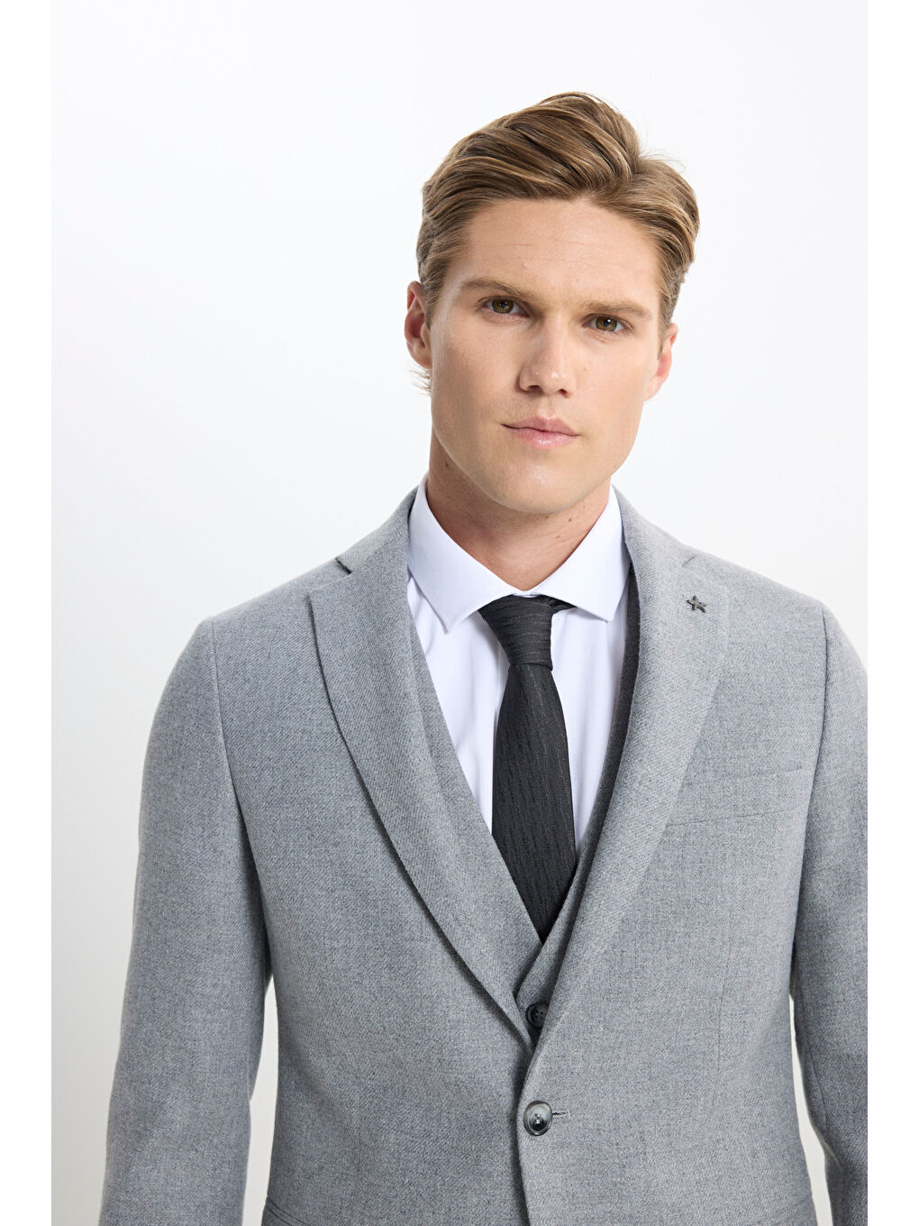 Erkek Gri Slim Fit Dar Kesim Mono Yaka Desenli Yelekli Takım Elbise-4