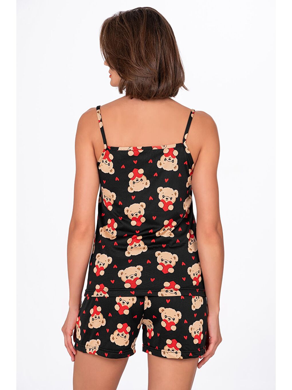 Siyah Kadın Kalpli Ayıcık Desenli İp Askılı Şortlu Pijama Takımı-2