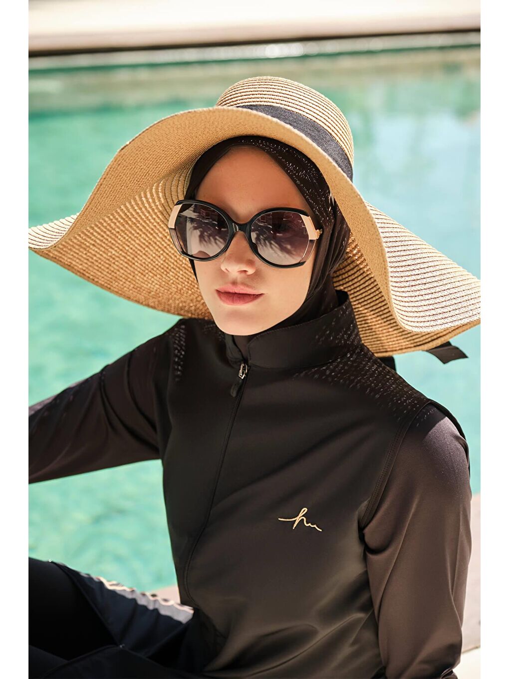 Bakır Yaprak Desen Siyah Tam Tesettür Mayo Üstü 3048-1