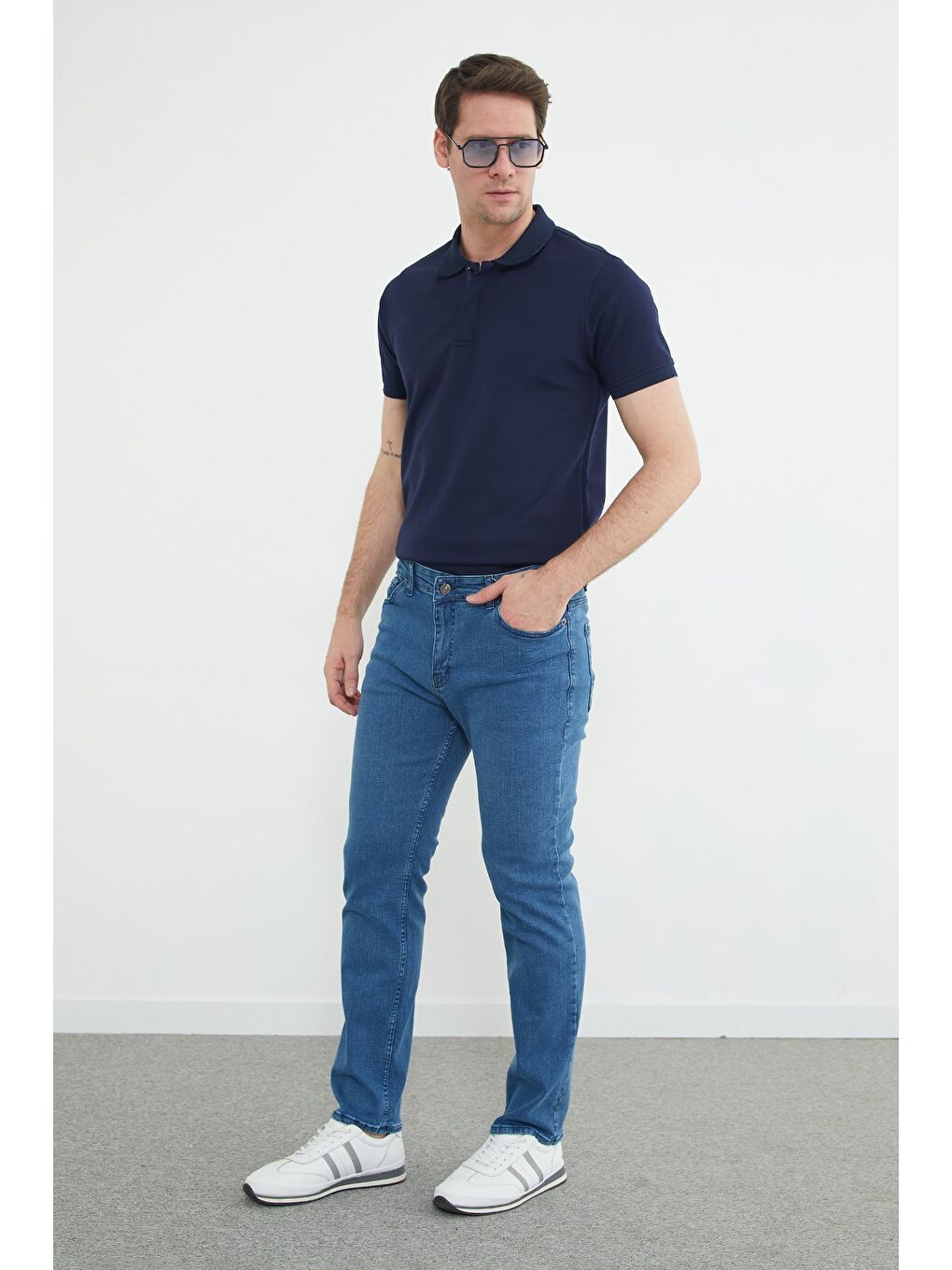 Mavi Fermuarlı Straight Jean Pantolon-2