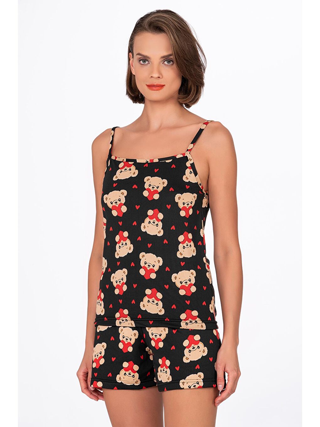 Siyah Kadın Kalpli Ayıcık Desenli İp Askılı Şortlu Pijama Takımı-3