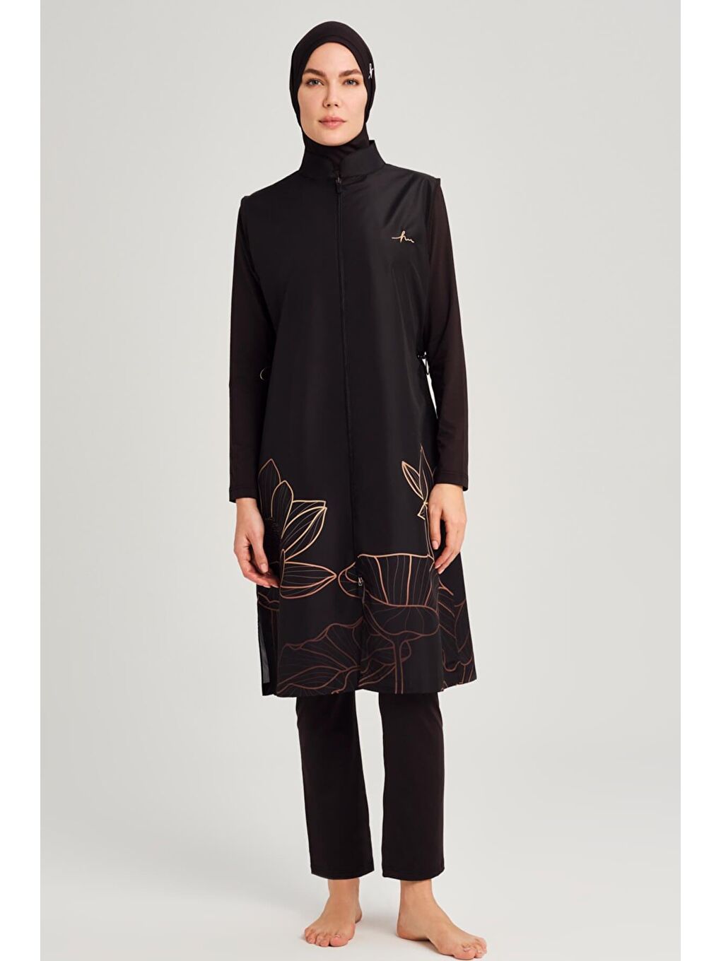 Bakır Yaprak Desen Siyah Tam Tesettür Mayo Üstü 3048-2