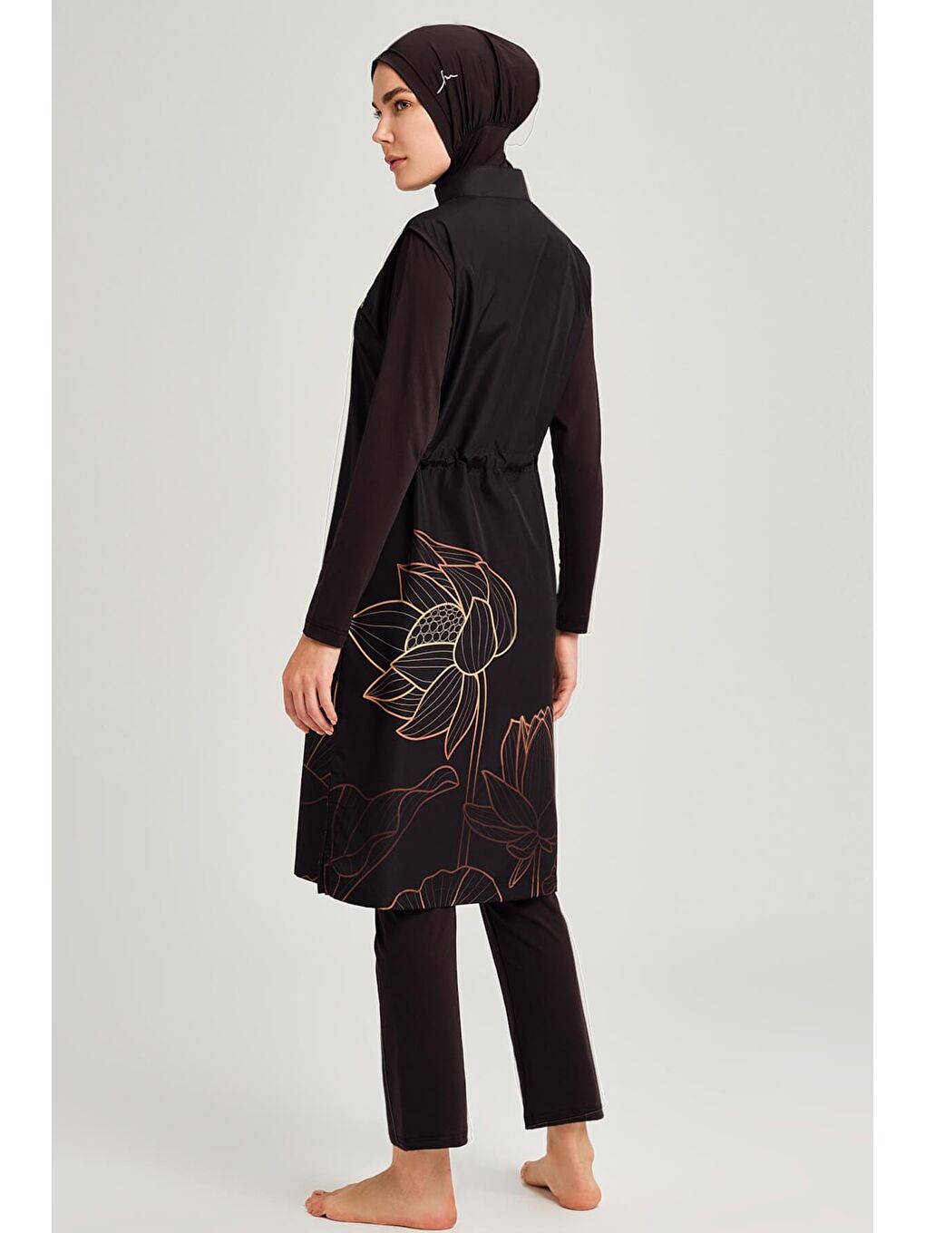 Bakır Yaprak Desen Siyah Tam Tesettür Mayo Üstü 3048-3