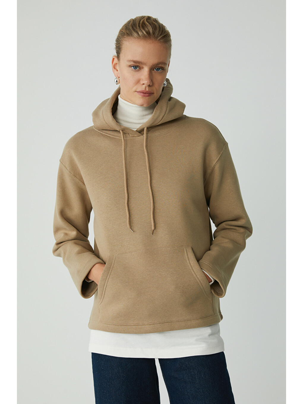 Pıper Kadın Içi Polarlı Yumuşacık Comfort Fit Kapüşonlu Kanguru Cepli Bej Sweatshirt