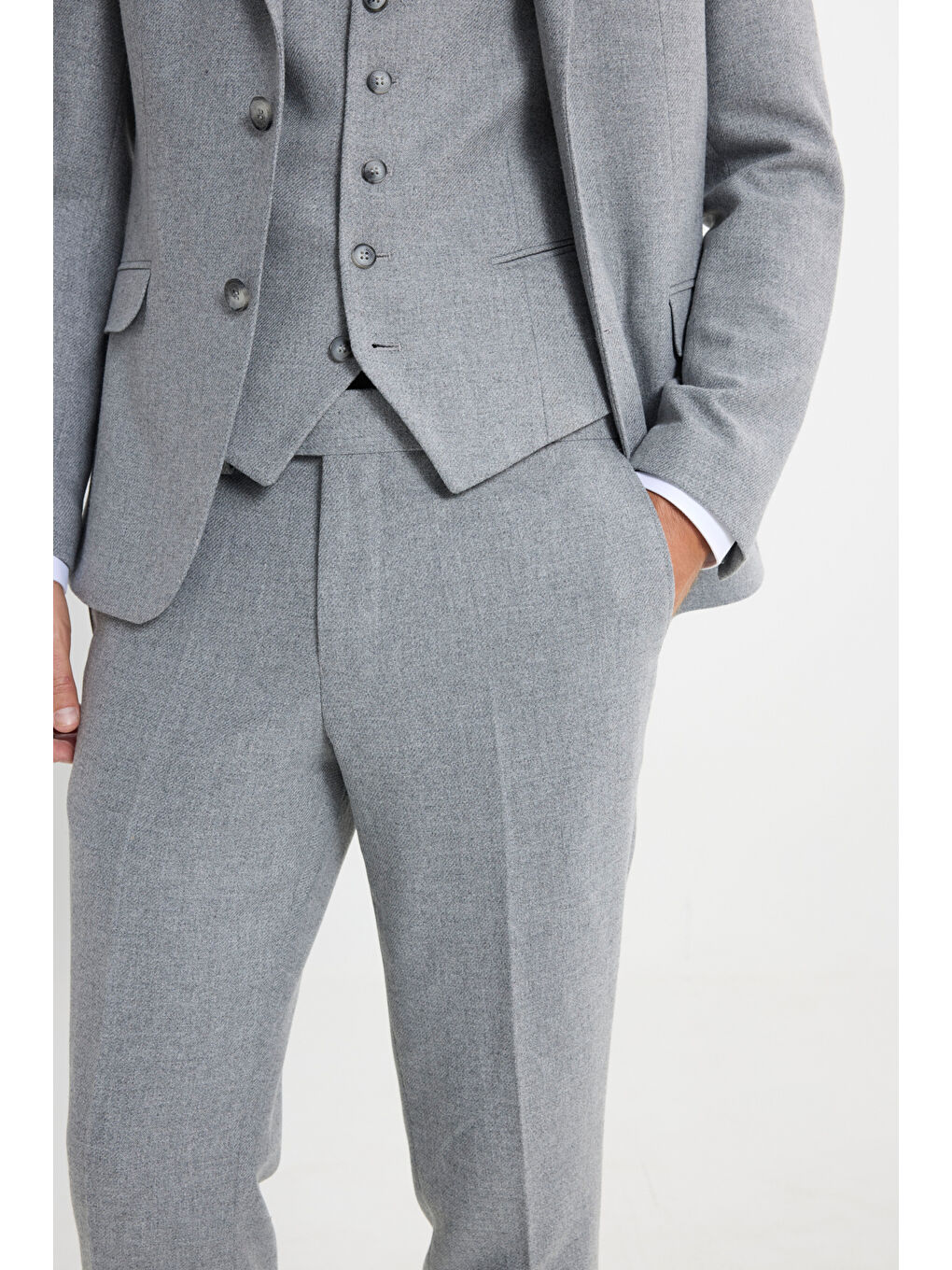 Erkek Gri Slim Fit Dar Kesim Mono Yaka Desenli Yelekli Takım Elbise-5