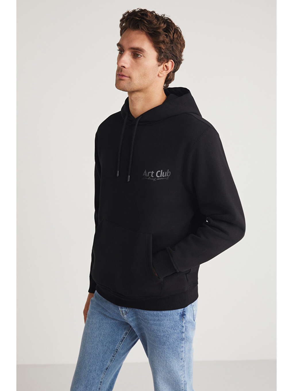 Andreas Erkek Kapüşonlu İçi Polarlı Baskı Detaylı Siyah Sweatshirt-4